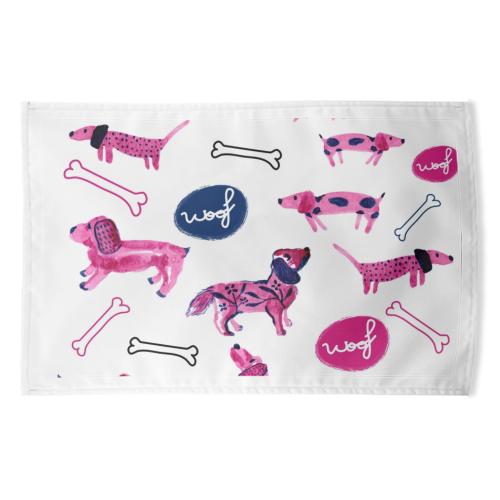 Pink sausage dogs - funny tea towel by Michelle Walker