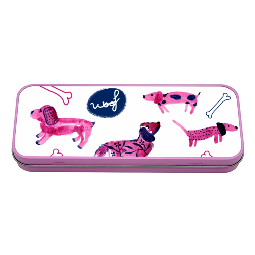 Pink sausage dogs - tin pencil case by Michelle Walker