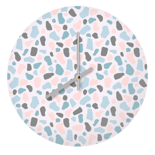 Terrazzo print - Blush pink and blue - quirky wall clock by Eve Morgan
