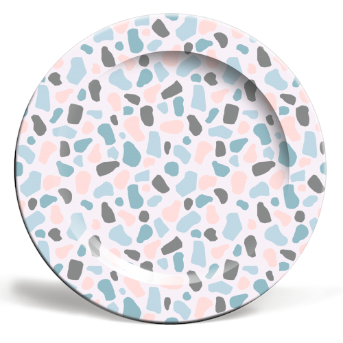 Terrazzo print - Blush pink and blue - ceramic dinner plate by Eve Morgan