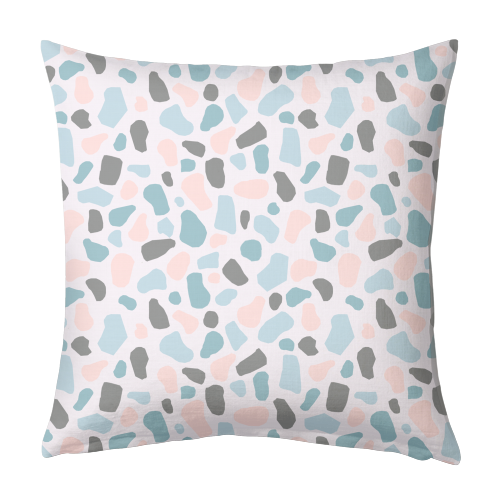 Terrazzo print - Blush pink and blue - designed cushion by Eve Morgan